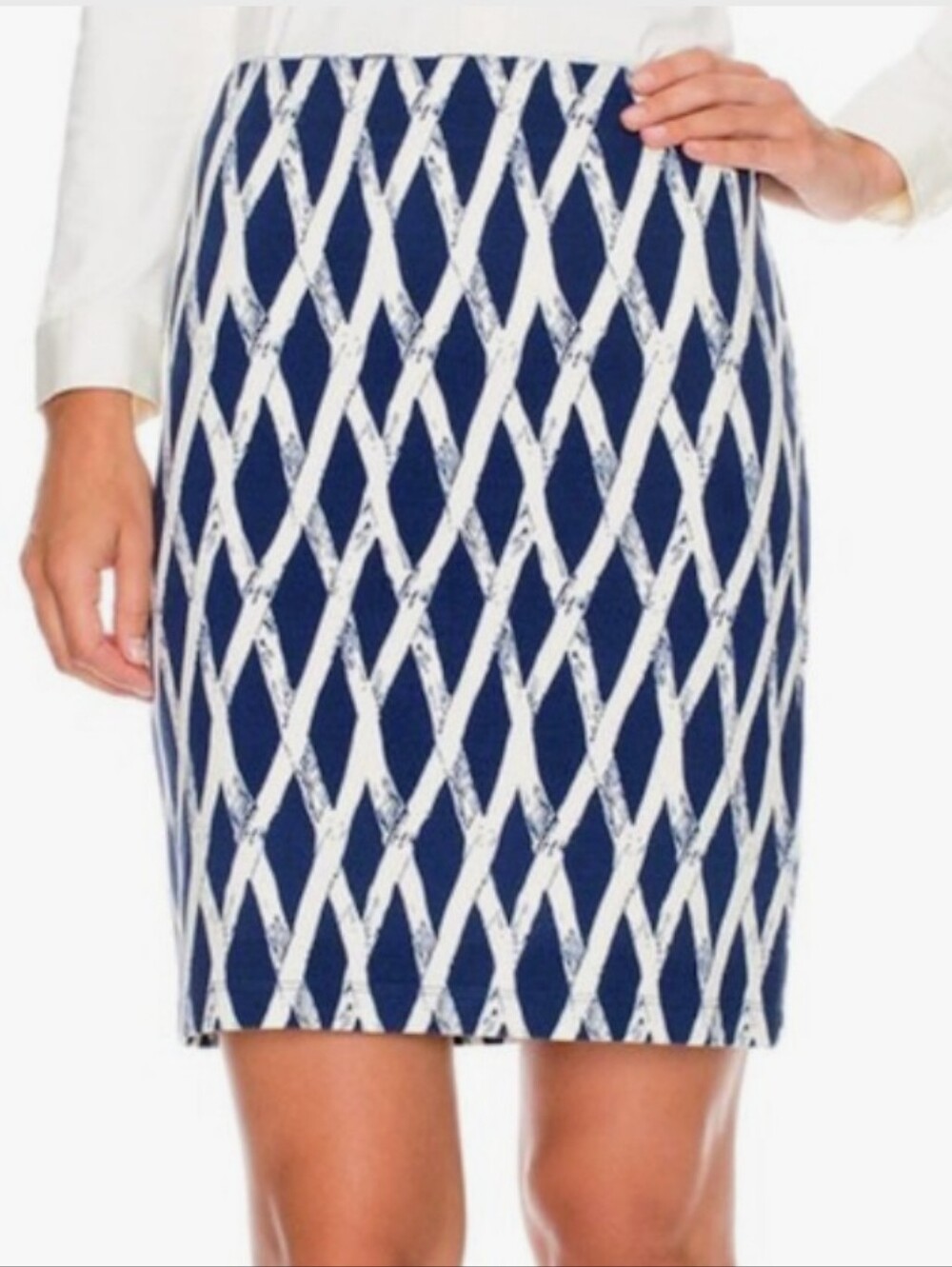 J. McLaughlin Navy Blue & Cream Bamboo Trellis Pencil Skirt Sz 0